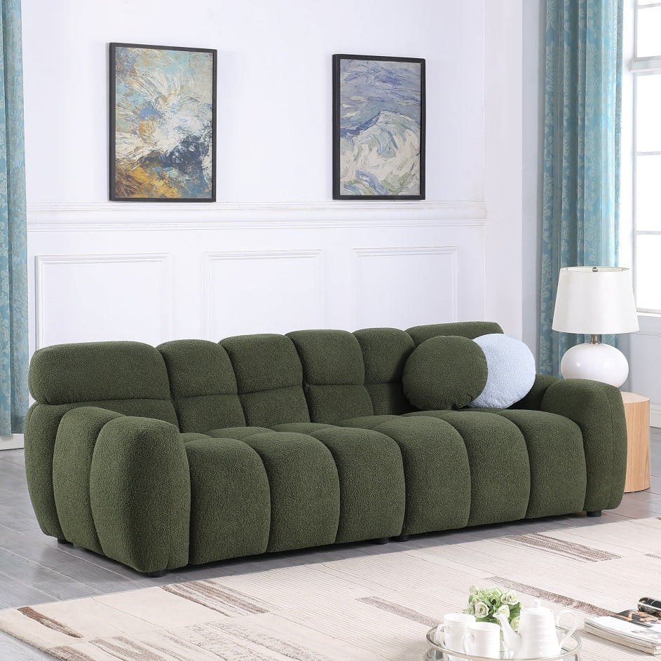87.4 Largo, 35.83 pulgadas de Profundidad, Estructura para el Cuerpo Humano de Personas de EE.UU., Sofá Marshmallow, Sofá Bouclé, de 3 Plazas, VERDE OLIVA BOUCLE