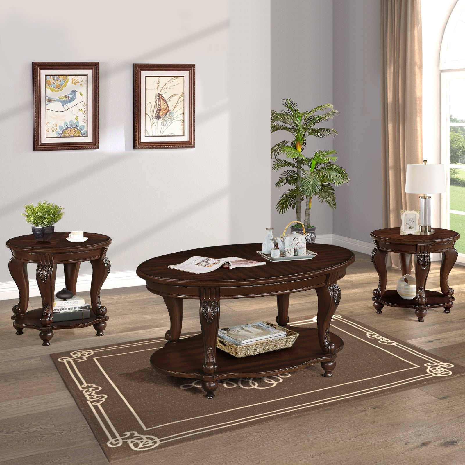 Mesa de centro de madera ovalada de 42'' para sala de estar, mesa de cóctel de madera maciza de 2 niveles con estantería de almacenamiento abierto