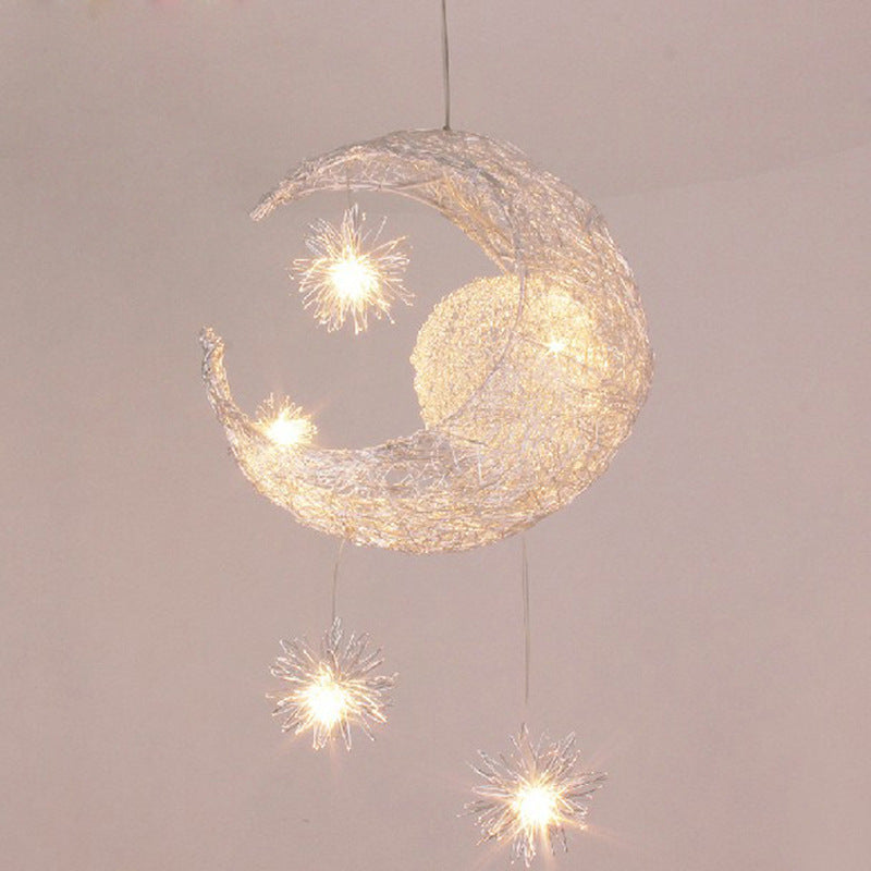 Lámpara de Araña de Estrella y Luna de Alambre de Aluminio para Restaurante, Bar, Dormitorio, Iluminación Cálida, Simple, Lámparas para Habitación de Niños
