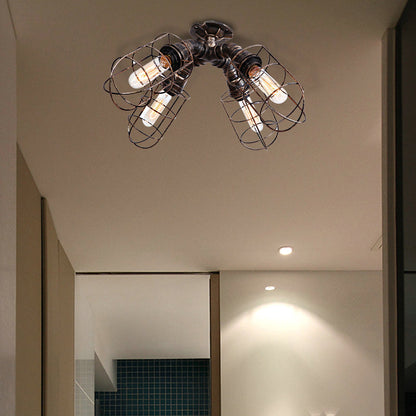 DecorBites™ DecorBites™ Rustic Industrial Caged Bedroom Ceiling Fixture - Semi-Flush Mount with Pipe Design, Bronze/Aged Silver, 4 Bulbs