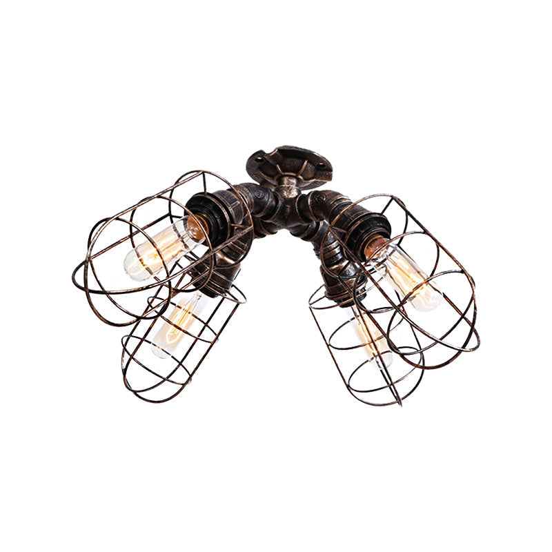 DecorBites™ DecorBites™ Rustic Industrial Caged Bedroom Ceiling Fixture - Semi-Flush Mount with Pipe Design, Bronze/Aged Silver, 4 Bulbs