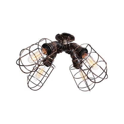 DecorBites™ DecorBites™ Rustic Industrial Caged Bedroom Ceiling Fixture - Semi-Flush Mount with Pipe Design, Bronze/Aged Silver, 4 Bulbs