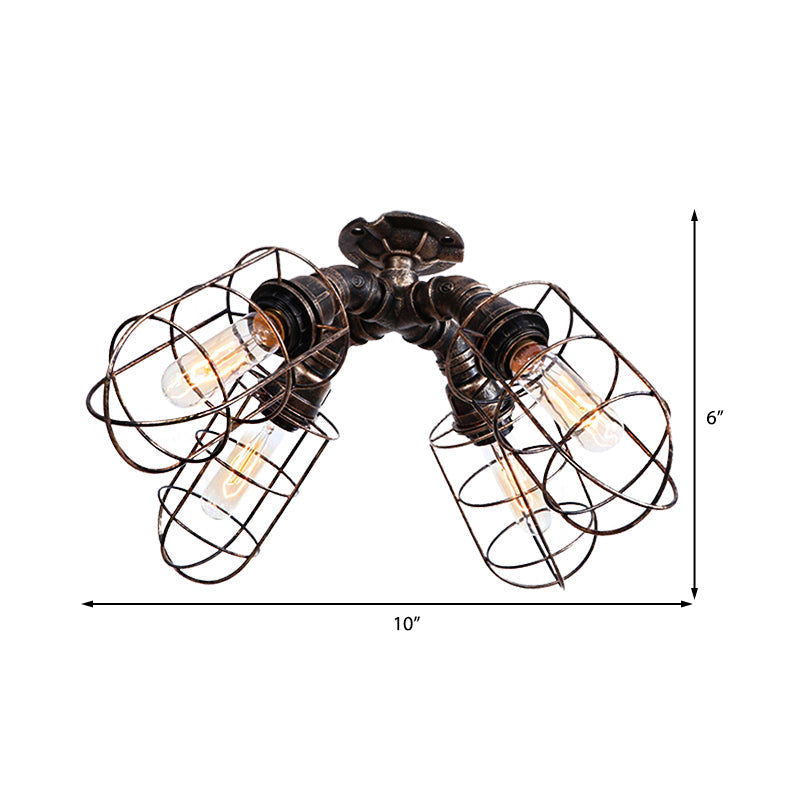 DecorBites™ DecorBites™ Rustic Industrial Caged Bedroom Ceiling Fixture - Semi-Flush Mount with Pipe Design, Bronze/Aged Silver, 4 Bulbs