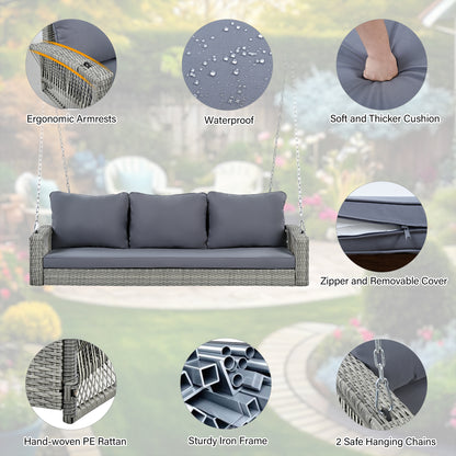 GO 69 PE Wicker 3-Person Porch Swing With Chains, Large Patio Swing Bench With Cushions For Backyard, Garden, And Poolside, Gray69