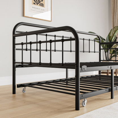 Twin Size Metal Daybed Frame With Trundle, Heavy Duty Steel Slat Support Sofa Bed Platform With Headboard, No Box Spring Needed, Black
