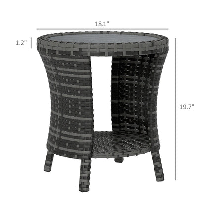 18 Wicker Outdoor Coffee Table, PE Rattan Patio Side Table With 2-Tier Storage, Composite Wood Top, Gray