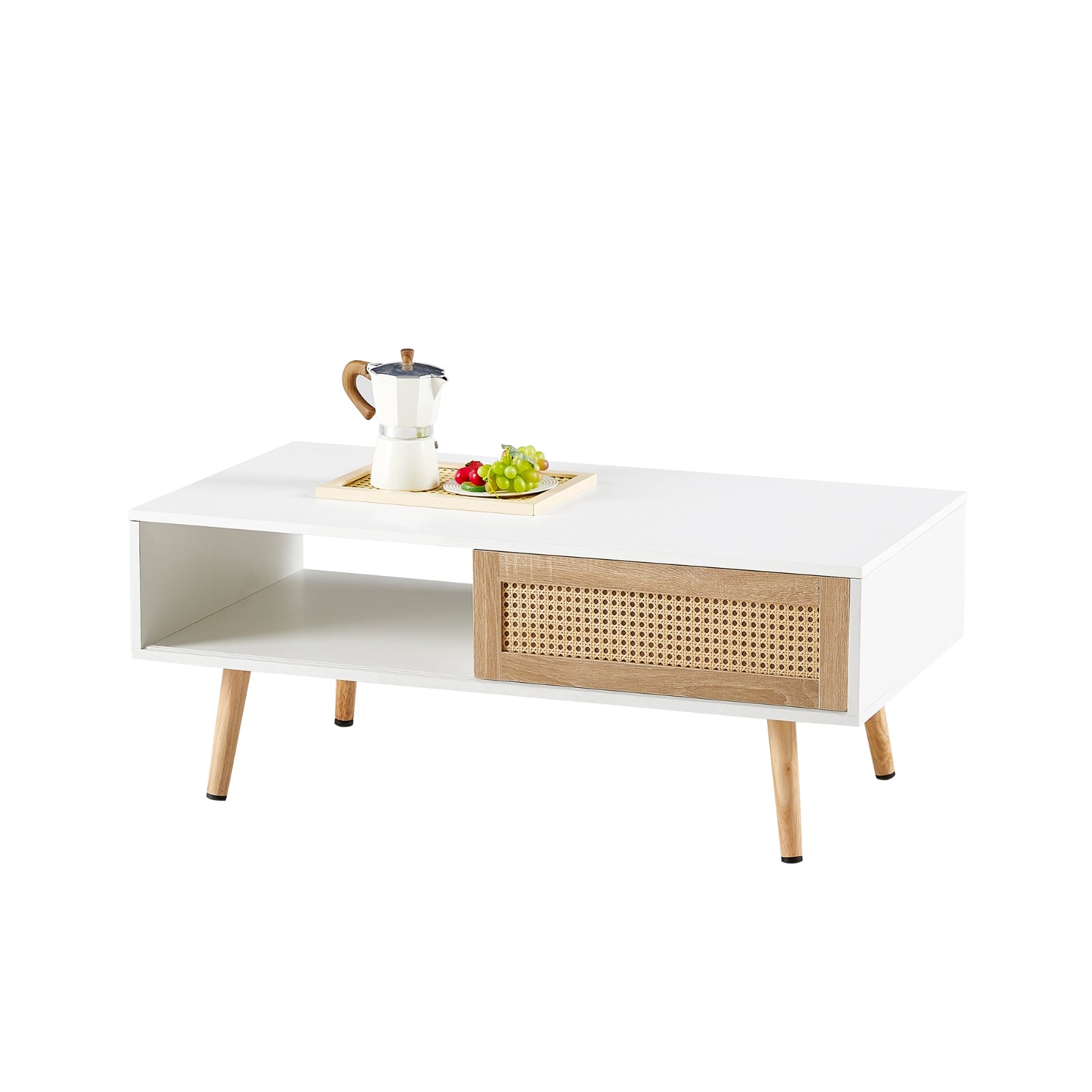 Mesa de Café de Ratán con Puerta Corredera y Patas de Madera Maciza - Sala de Estar Moderna
