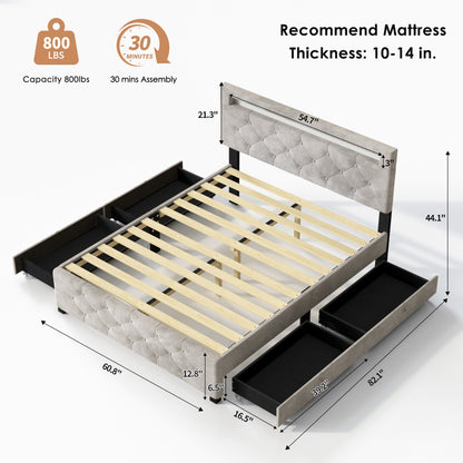 Upholstered Platform Storage Bed Frame With 4 Drawers And LED Light,No Box Spring Needed