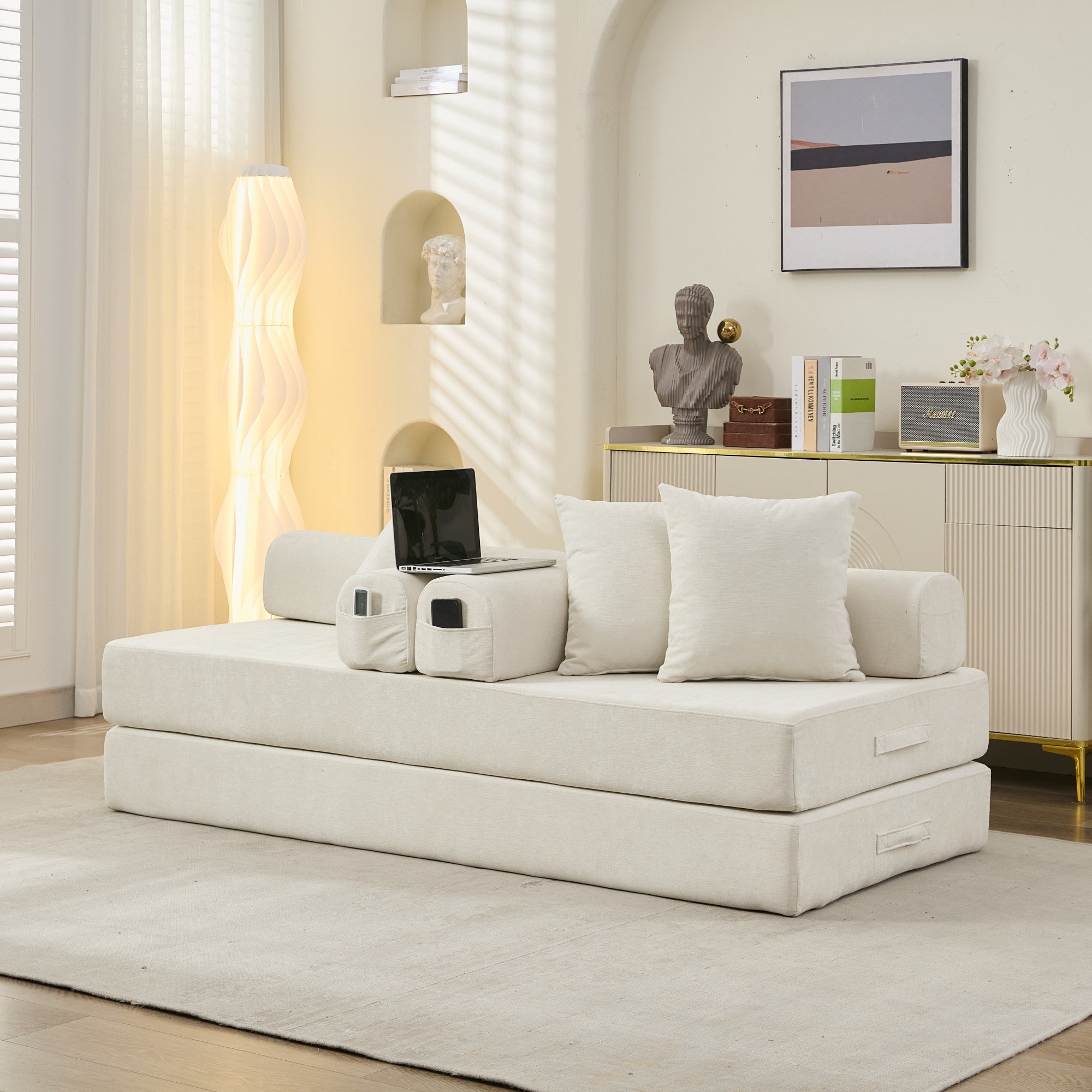Cómodo Sofá Cama Plegable Convertible, Sofá Cama para el Suelo, Sofá de Suelo de Chenilla con Reposabrazos, Sofá Lounge para el Suelo para Sala de Estar, Dormitorio, Sala de Estar o Estudio-Beige