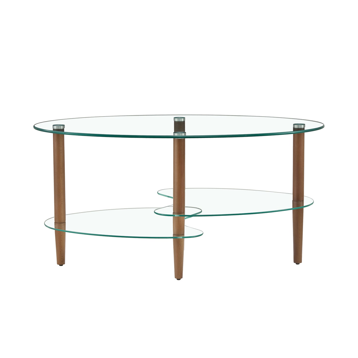 Transparent Oval Glass Coffee Table Modern Table Wood Leg Tea Table 3-layer