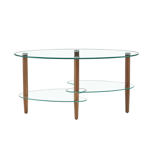 Transparent Oval Glass Coffee Table Modern Table Wood Leg Tea Table 3-layer