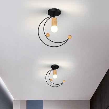 DecorBites™ DecorBites™ Modern Metallic Crescent Ceiling Light with Wooden Ball Deco - Semi Flush Mount in Black/White/Grey