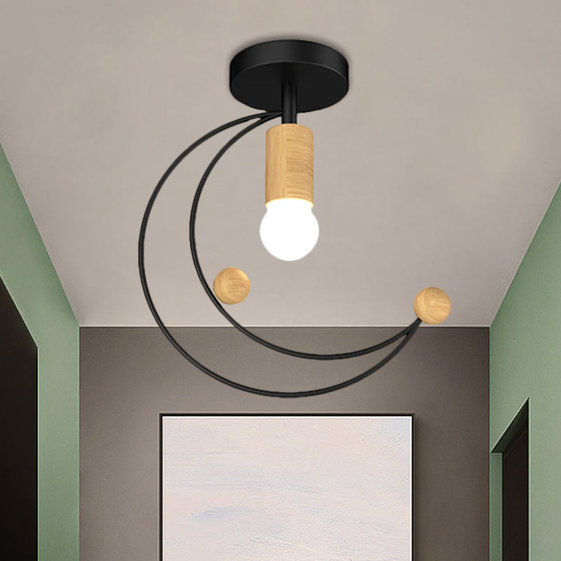DecorBites™ DecorBites™ Modern Metallic Crescent Ceiling Light with Wooden Ball Deco - Semi Flush Mount in Black/White/Grey