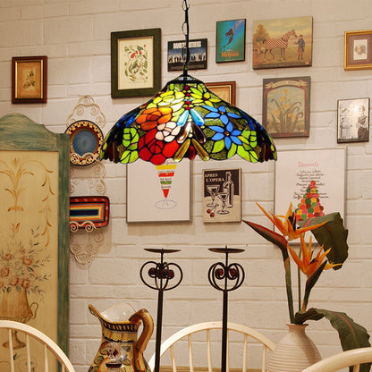 Lámpara colgante de techo Bloom de vitral con cadena ajustable - Rojo/Amarillo/Rojo-Amarillo-Azul-Verde victoriano (Juego de 3)