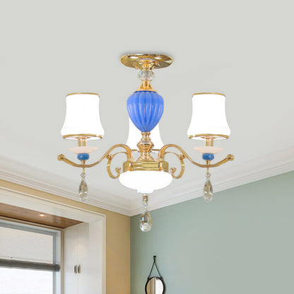 DecorBites™ DecorBites™ Rural Bell Semi Flush Mount Chandelier - Opal Glass 3/6/8 Head Ceiling Lamp with Crystal Drops