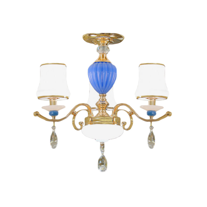 DecorBites™ DecorBites™ Rural Bell Semi Flush Mount Chandelier - Opal Glass 3/6/8 Head Ceiling Lamp with Crystal Drops