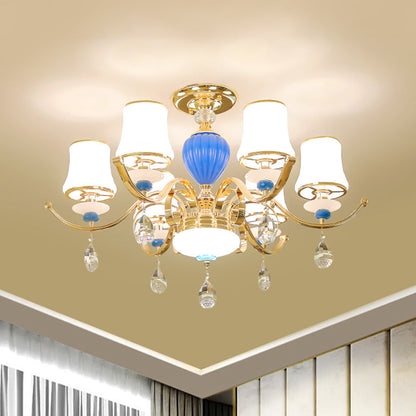 DecorBites™ DecorBites™ Rural Bell Semi Flush Mount Chandelier - Opal Glass 3/6/8 Head Ceiling Lamp with Crystal Drops