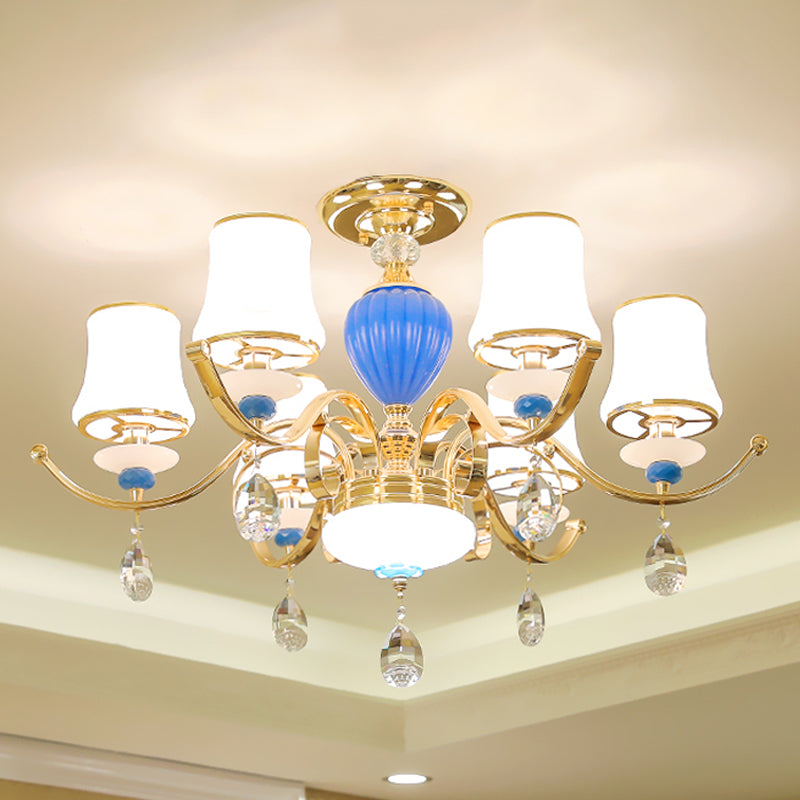 DecorBites™ DecorBites™ Rural Bell Semi Flush Mount Chandelier - Opal Glass 3/6/8 Head Ceiling Lamp with Crystal Drops