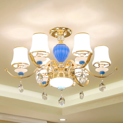 DecorBites™ DecorBites™ Rural Bell Semi Flush Mount Chandelier - Opal Glass 3/6/8 Head Ceiling Lamp with Crystal Drops