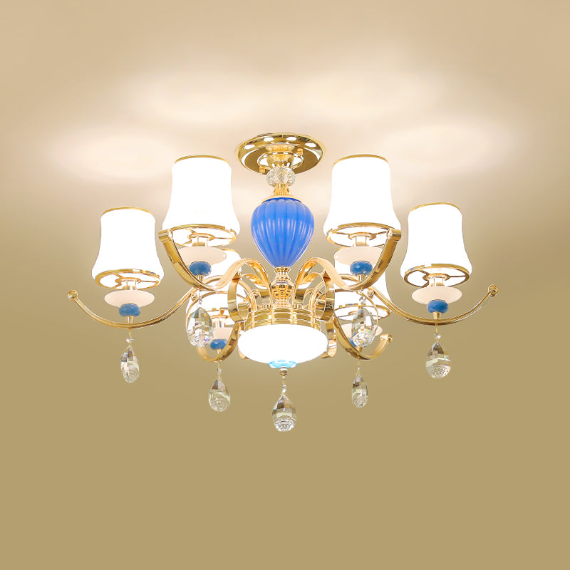 DecorBites™ DecorBites™ Rural Bell Semi Flush Mount Chandelier - Opal Glass 3/6/8 Head Ceiling Lamp with Crystal Drops