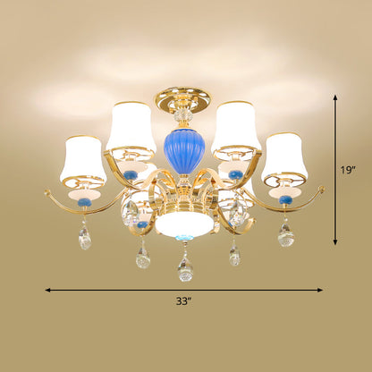 DecorBites™ DecorBites™ Rural Bell Semi Flush Mount Chandelier - Opal Glass 3/6/8 Head Ceiling Lamp with Crystal Drops