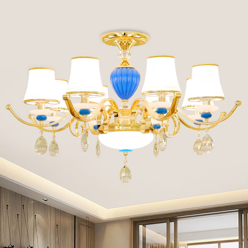 DecorBites™ DecorBites™ Rural Bell Semi Flush Mount Chandelier - Opal Glass 3/6/8 Head Ceiling Lamp with Crystal Drops