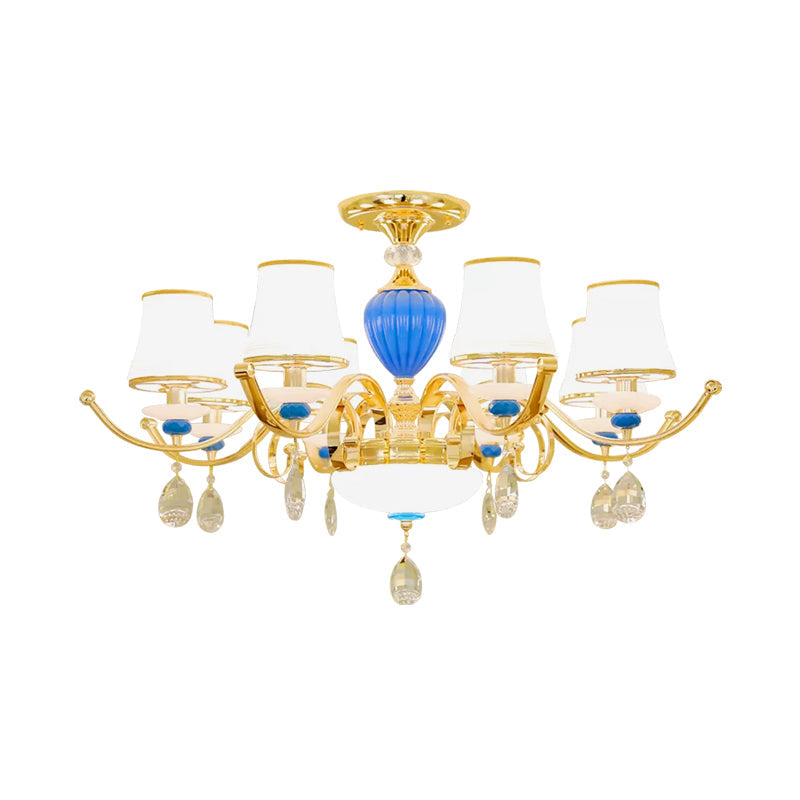 DecorBites™ DecorBites™ Rural Bell Semi Flush Mount Chandelier - Opal Glass 3/6/8 Head Ceiling Lamp with Crystal Drops