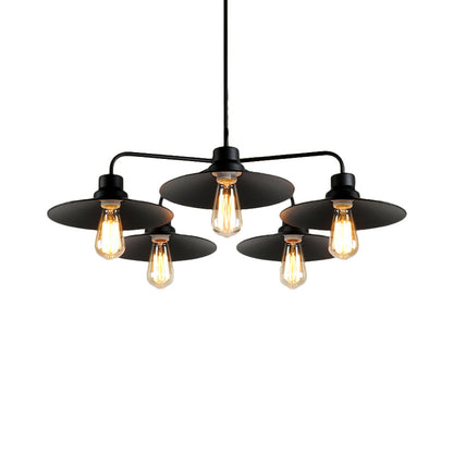 Lámpara colgante industrial redonda negra tipo araña - Estilo vintage, acabado metálico, con barra para colgar - 3/5 luces