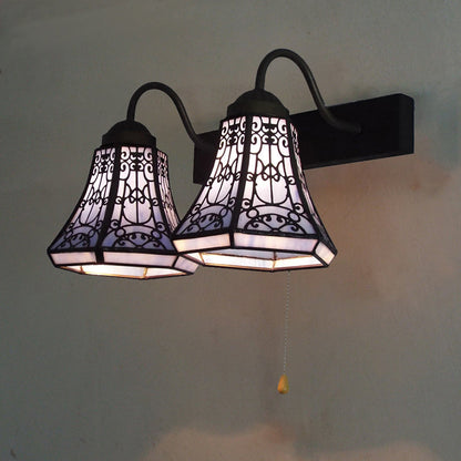 Aplique de pared Tiffany azul acampanado con vitral - 2 luces, interruptor de cadena