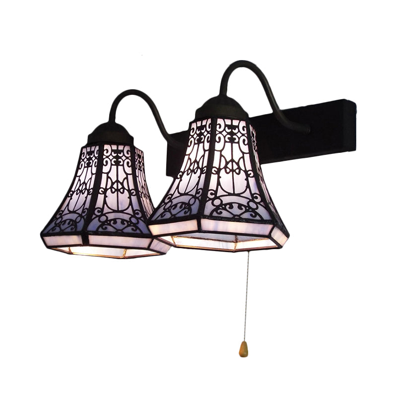 Aplique de pared Tiffany azul acampanado con vitral - 2 luces, interruptor de cadena