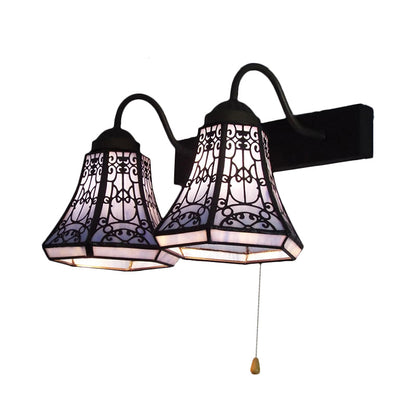 Aplique de pared Tiffany azul acampanado con vitral - 2 luces, interruptor de cadena