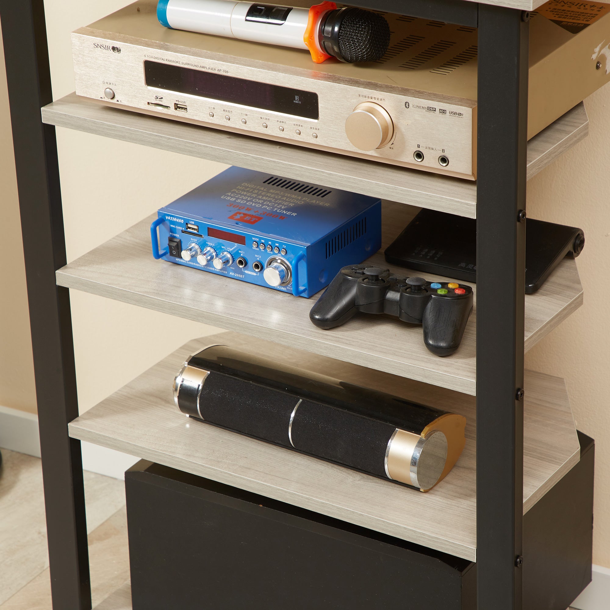 Soporte de Medios con Estantería de Audio de 4 Niveles Estante de Esquina para Medios AV con Gestión de Cables para Reproductores de DVD Consola de Juegos Cable de TV Router WiFi