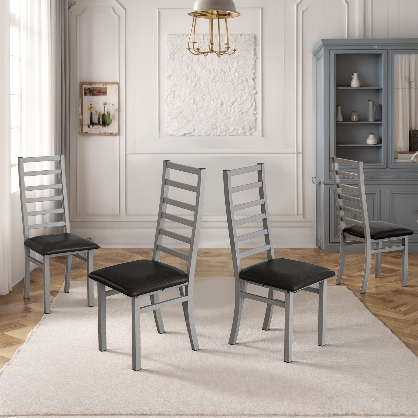 Metal Dining Chairs Set Of 4, Steel Legs And PU Leather Seats, High Back Armless Dining Chairs, For Kitchen, Living Room, Grey
