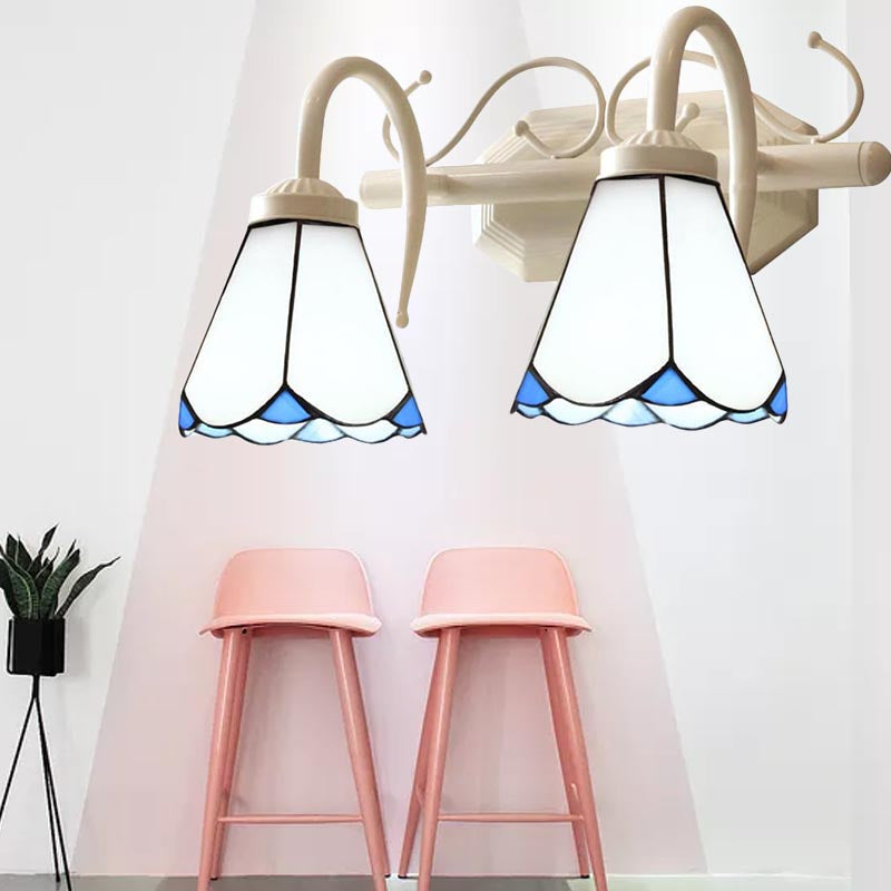 Classic Cone Wall Sconce with Curved Arm and White Glass - 2/3 Lights for Elegant Bathroom Lighting