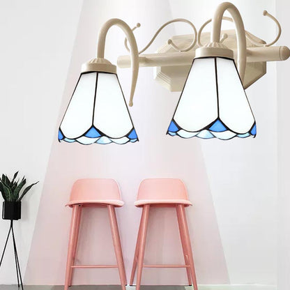 Classic Cone Wall Sconce with Curved Arm and White Glass - 2/3 Lights for Elegant Bathroom Lighting