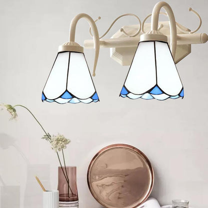 Classic Cone Wall Sconce with Curved Arm and White Glass - 2/3 Lights for Elegant Bathroom Lighting