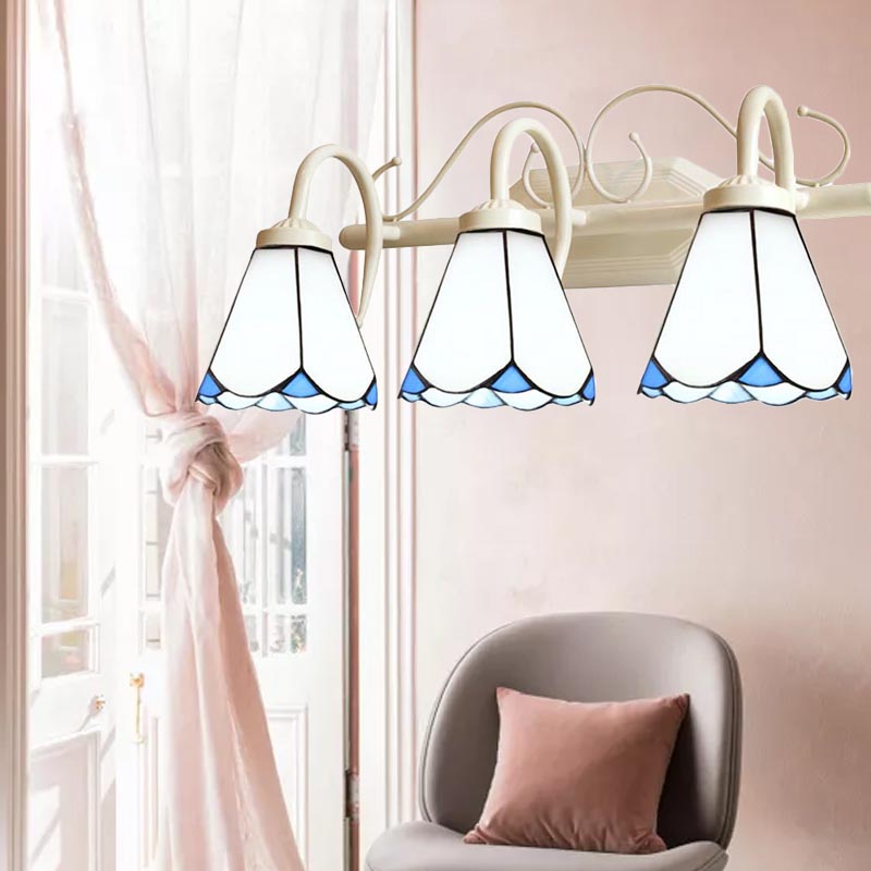 Classic Cone Wall Sconce with Curved Arm and White Glass - 2/3 Lights for Elegant Bathroom Lighting