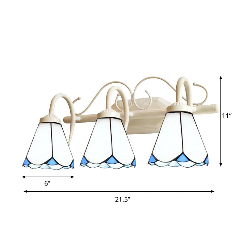 Classic Cone Wall Sconce with Curved Arm and White Glass - 2/3 Lights for Elegant Bathroom Lighting