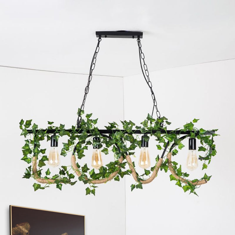 DecorBites™ Black Metal 4-Light Linear Island Lamp with Hanging Artificial Plant - Lodge Style