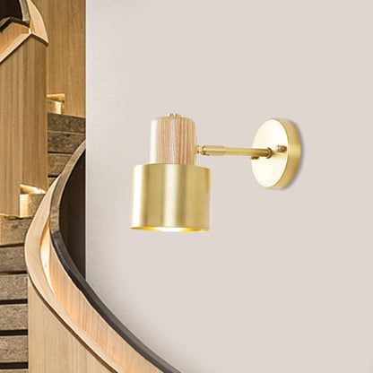 Colonial Metal Cylinder Wall Sconce with Wooden Top - Beige/Brown, 1-Light Fixture for Bedroom Lighting