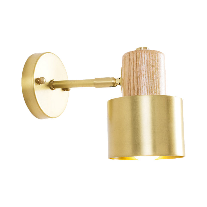 Colonial Metal Cylinder Wall Sconce with Wooden Top - Beige/Brown, 1-Light Fixture for Bedroom Lighting
