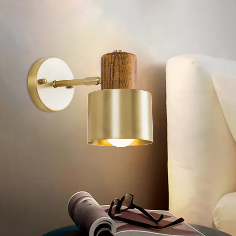 Colonial Metal Cylinder Wall Sconce with Wooden Top - Beige/Brown, 1-Light Fixture for Bedroom Lighting