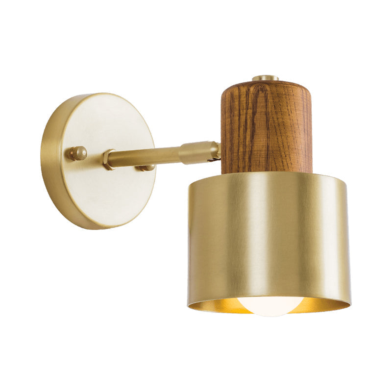 Colonial Metal Cylinder Wall Sconce with Wooden Top - Beige/Brown, 1-Light Fixture for Bedroom Lighting