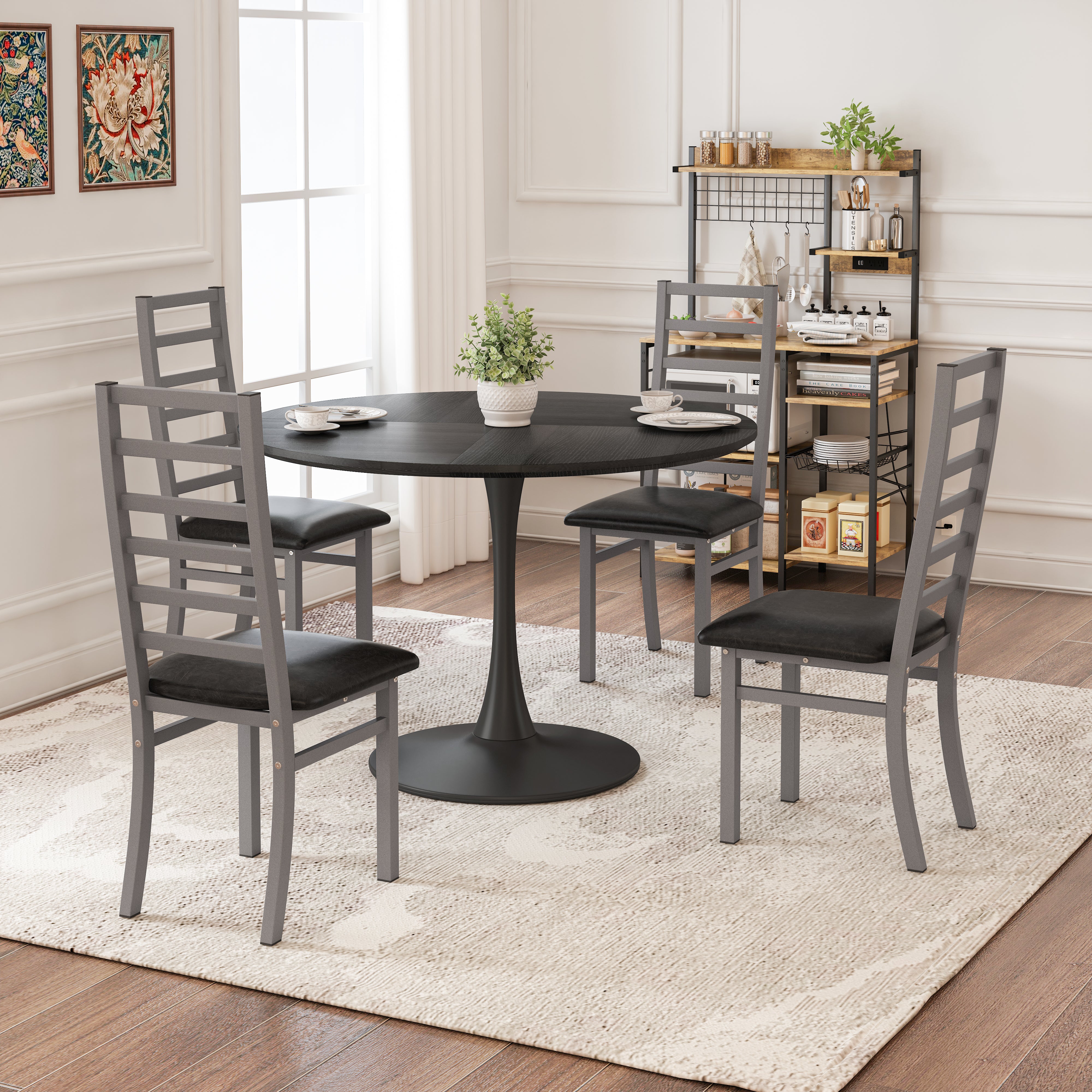 Metallische Esszimmerstühle Set aus 4, Stahlbeine und PU-Leder-Sitzflächen, hochrückige armlosen Esszimmerstühle, für Küche, Wohnzimmer, Grau