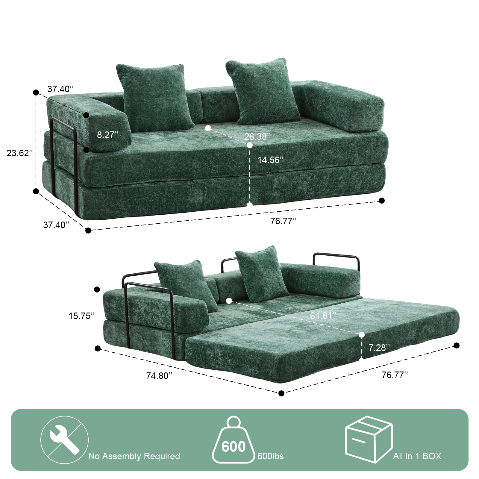 Sofá de Suelo, Sofá con Compresión, Sofá Cama Convertible de Suelo - con Soporte para la Espalda en Forma de Almohada y Reposabrazos, Sofá Futón Cómodo para Descanso y Cama para Dormir, Tela de Chenilla, para Sala de Estar y Dormitorio en Verde Oscuro