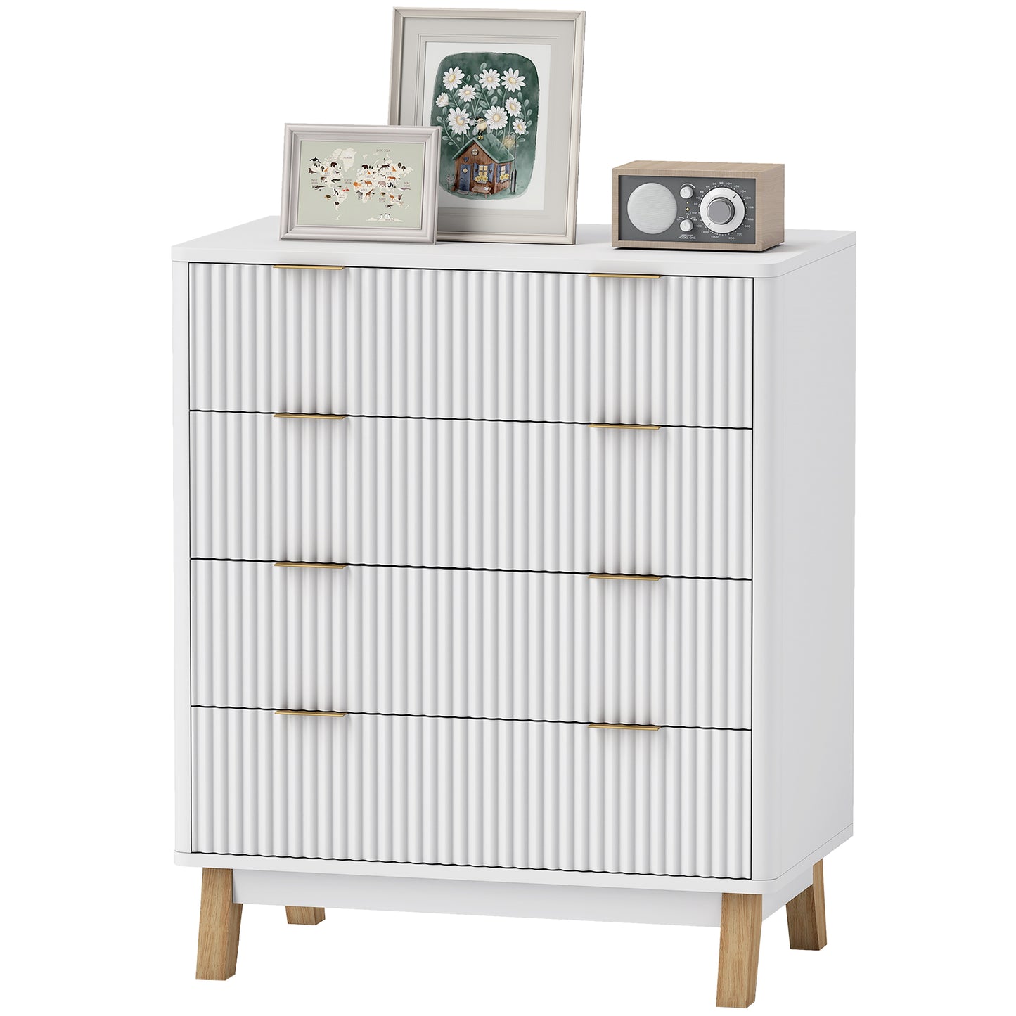 4 Drawer Double Dresser For Bedroom, Fluted Chest Of Drawers With Gold Finger Pulls And 4 Wood Legs, White