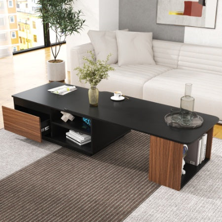 Mesa de Centro Extensible, Mesa de Centro de Madera con Longitud Ajustable y 2 Cajones de Almacenamiento para la Sala de Estar, Mesa Central Rectangular Grande y Larga