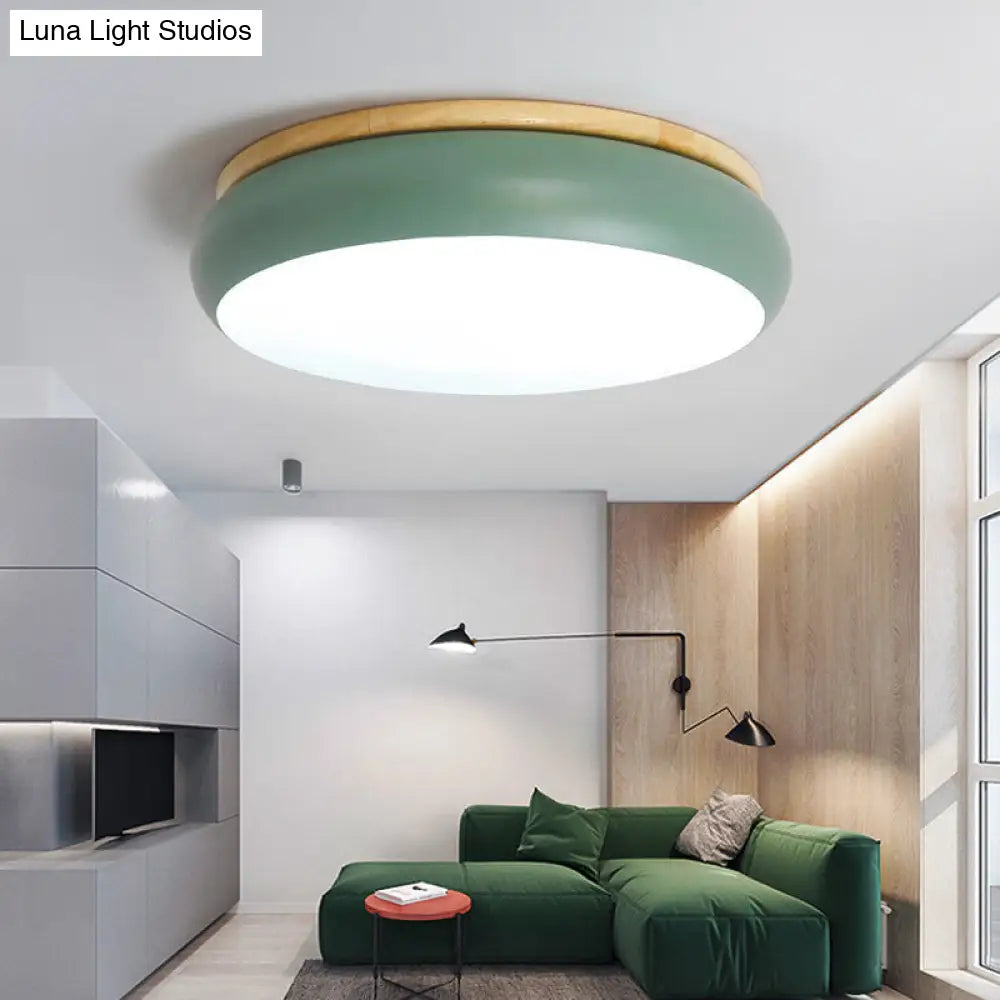 18"/21.5" Dia LED Flush Mount Drum Lamp in Macaron Wood White/Pink/Green - White/Warm/Natural Light