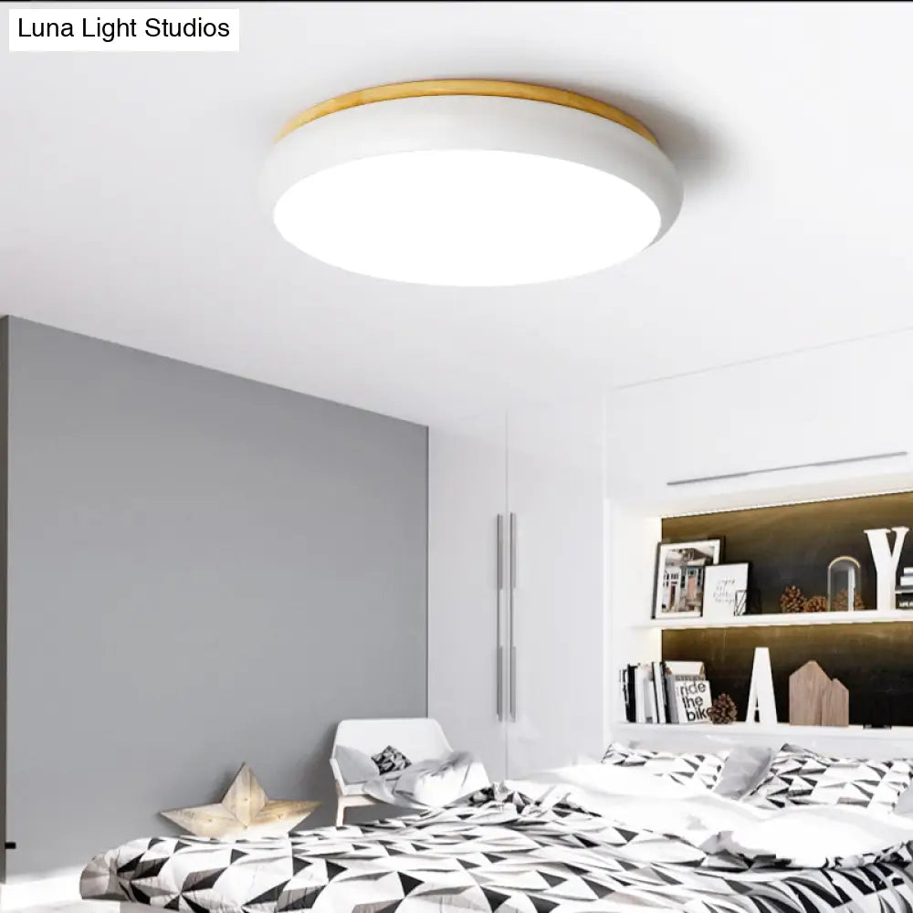 18"/21.5" Dia LED Flush Mount Drum Lamp in Macaron Wood White/Pink/Green - White/Warm/Natural Light