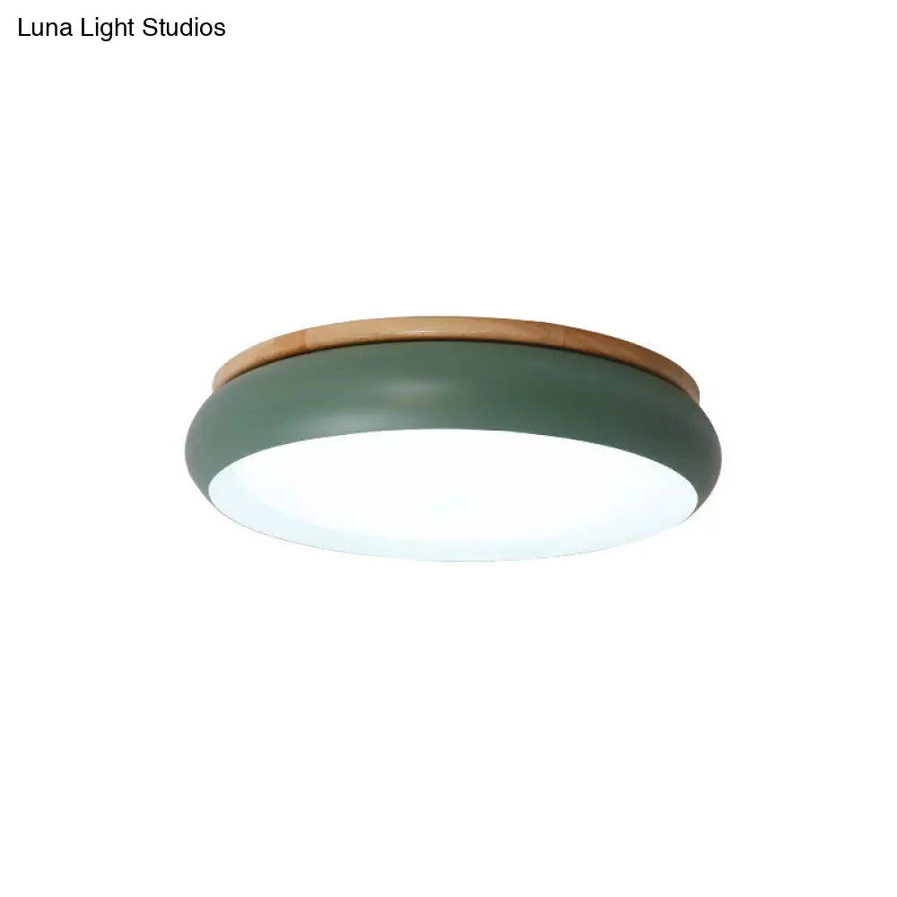 18"/21.5" Dia LED Flush Mount Drum Lamp in Macaron Wood White/Pink/Green - White/Warm/Natural Light